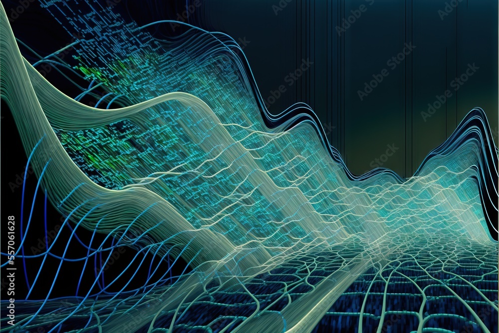 Poster a computer generated image of a city street with a blue and green pattern on it's side and a black b