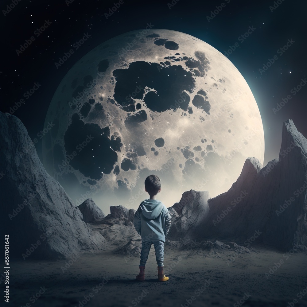 Poster a young boy standing in front of a full moon with a mountain range in the background and a distant s