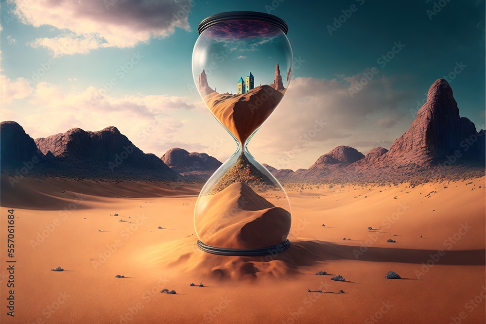 Poster a sand clock with a castle in the middle of it in the desert with mountains in the background and a 