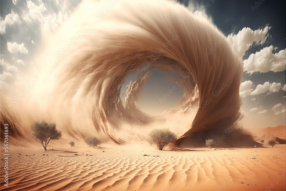 Poster a large wave is coming out of a desert landscape with trees in the distance and a blue sky with clou
