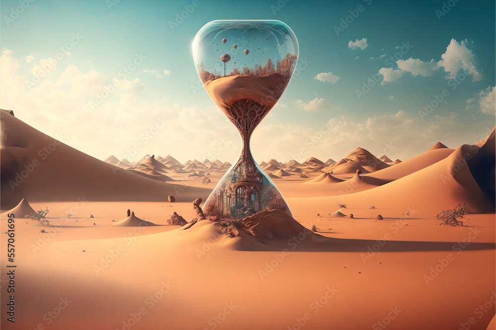 Poster a surreal scene with a hourglass in the desert with a sky background and clouds in the sky above. ge