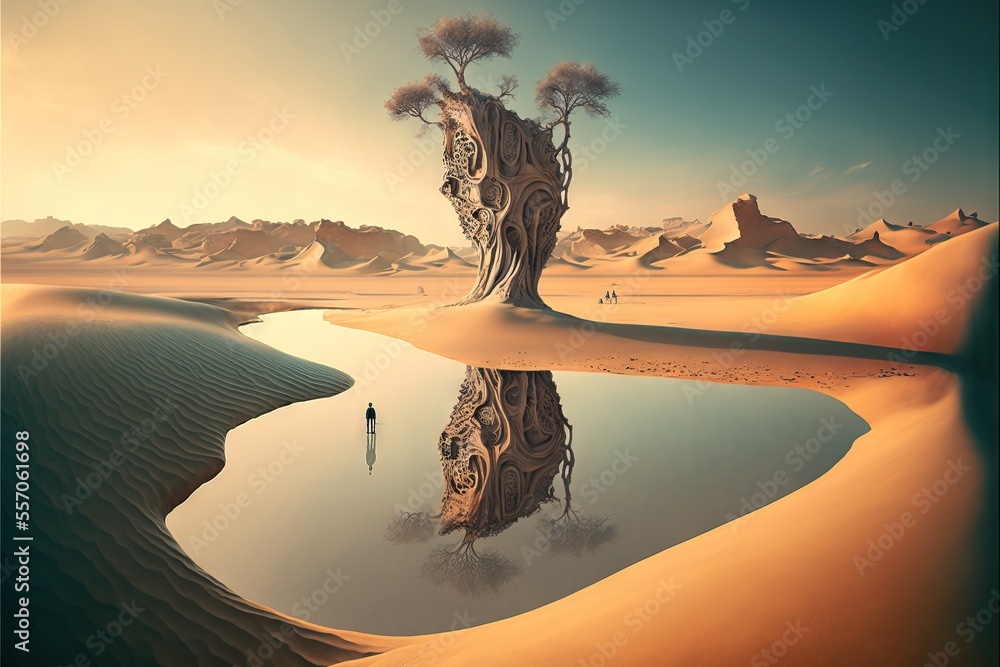 Poster a painting of a person standing in a desert with a tree in the water and a mountain in the backgroun