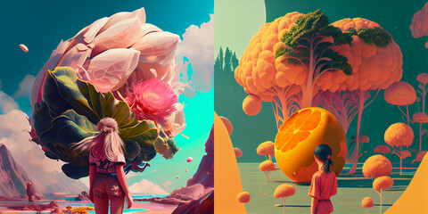 Surreal illustration of a girl standing against a floral thing composition 