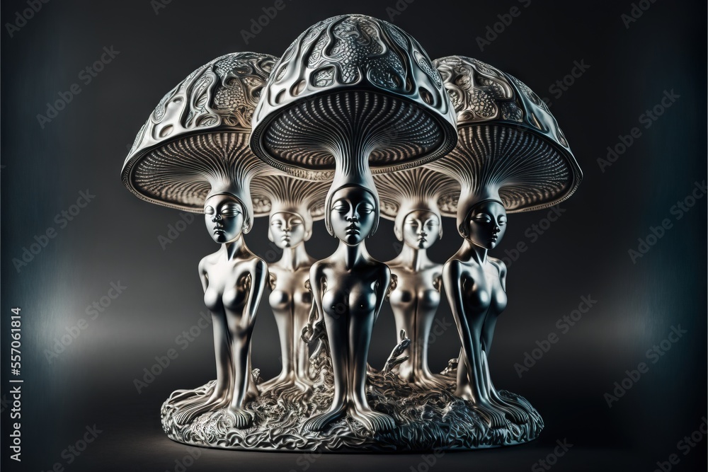 Poster a group of statues standing next to each other under a mushroom shaped object on a black background 