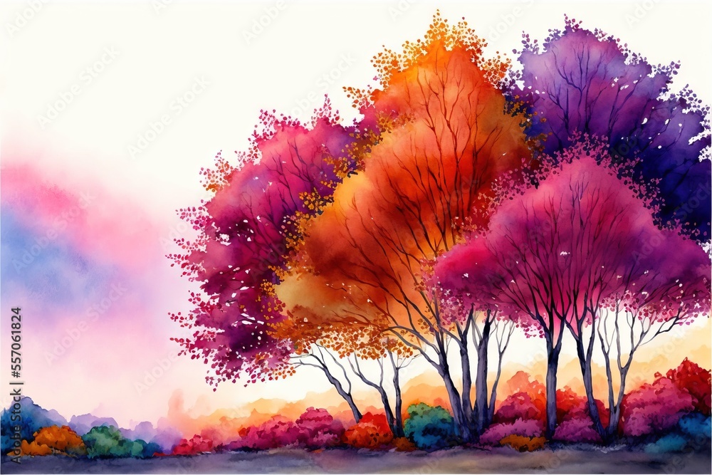 Poster a painting of a colorful tree with a white background and a sky background with clouds and a pink an