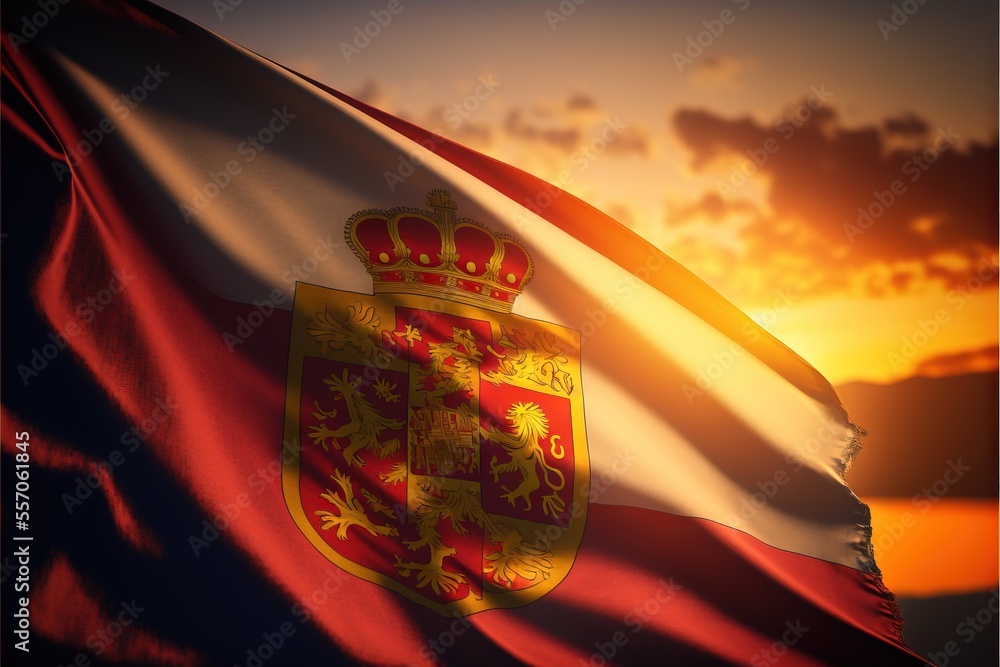 Poster a flag with a crown on it flying in the air with a sunset in the background with clouds in the sky. 