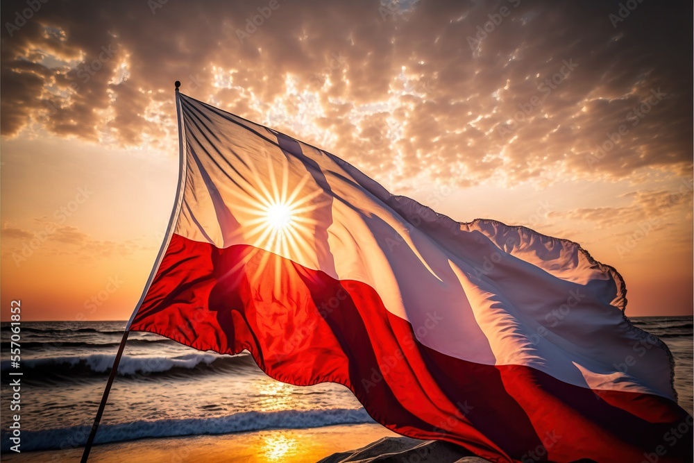 Poster a flag on a beach with the sun setting in the background and clouds in the sky above it. generative 