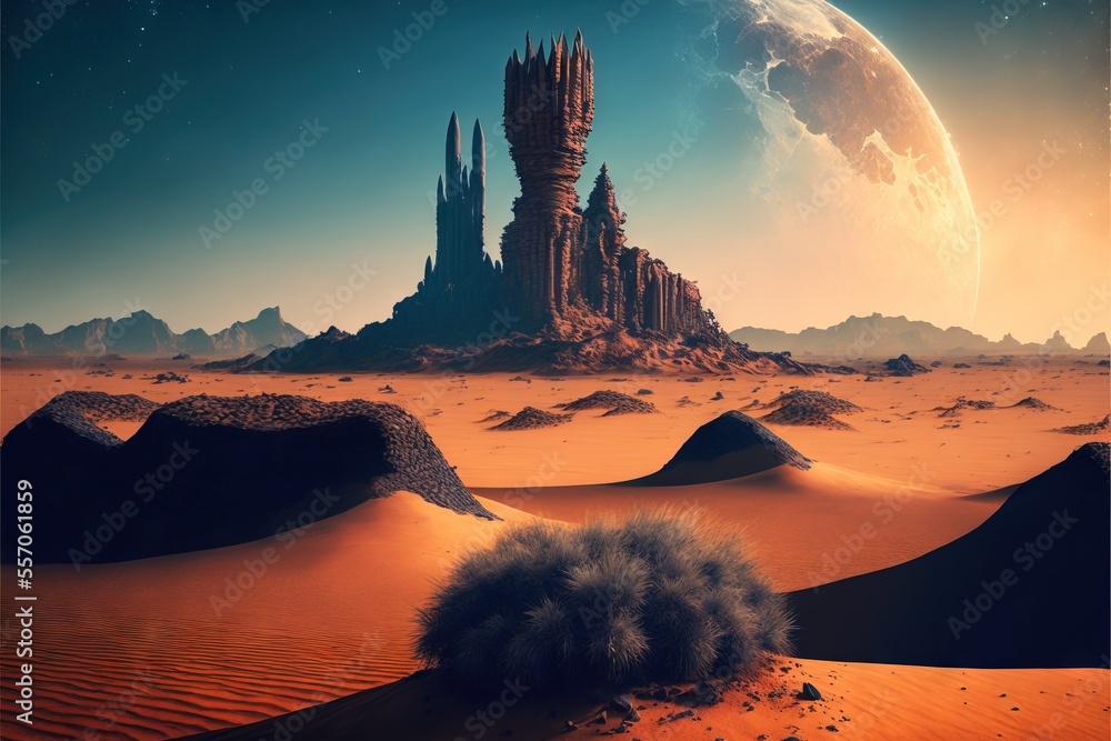 Poster a desert with a castle in the background and a planet in the background with a moon in the sky. gene