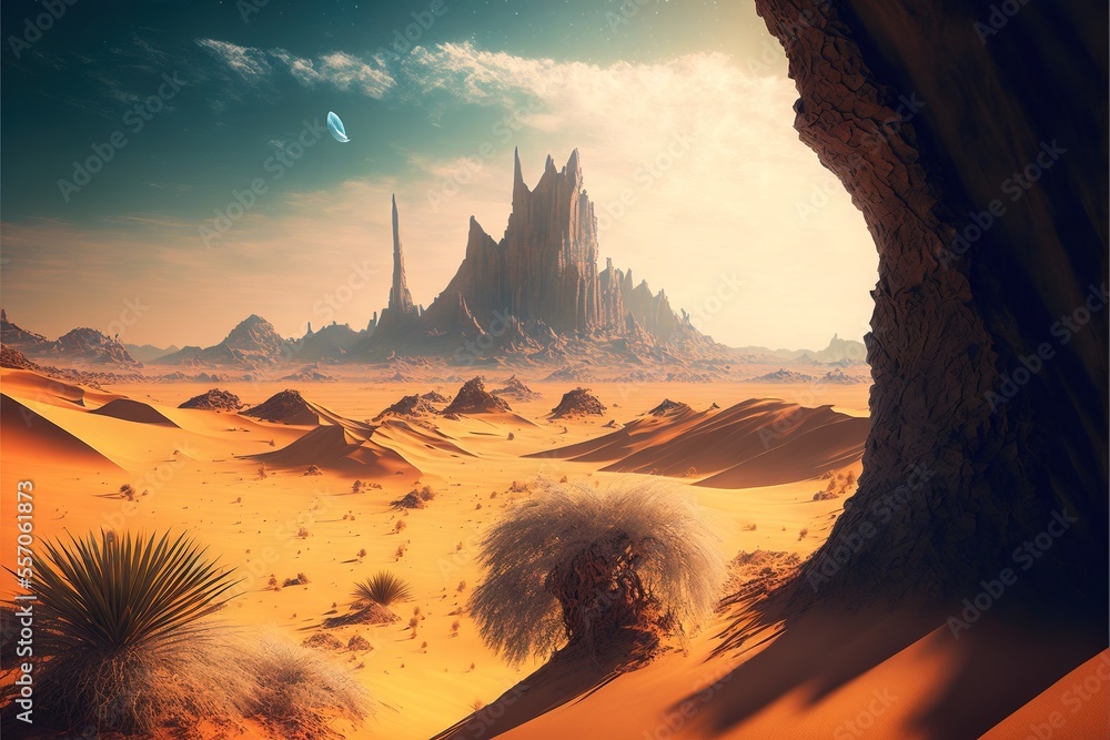 Poster a desert scene with a castle in the distance and a desert landscape with a few trees and bushes in t