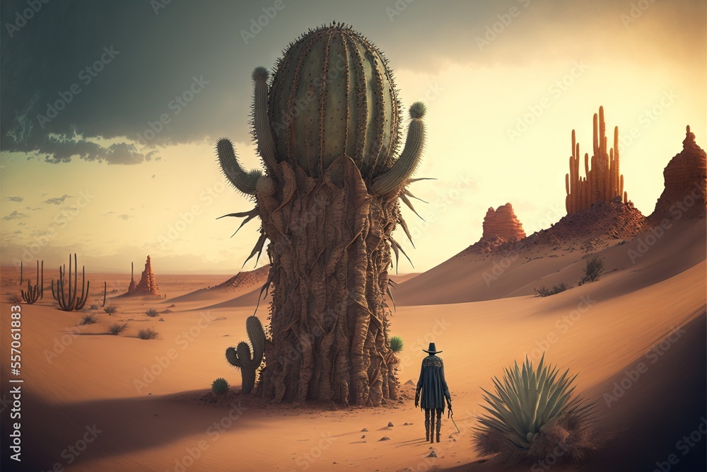 Poster a man standing in front of a giant cactus in the desert with a sky background and a desert landscape