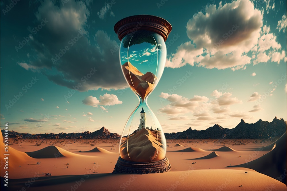 Poster a sand clock sitting in the middle of a desert with a sky background and clouds in the sky above. ge
