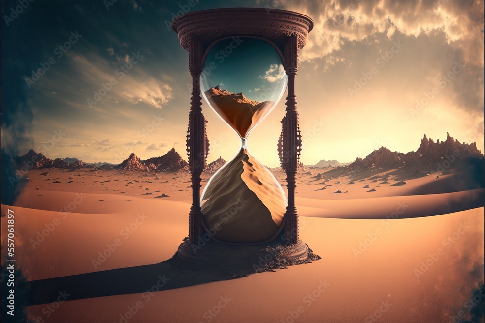 Poster  a sand clock sitting in the middle of a desert with mountains in the background and clouds in the sky. Generative AI