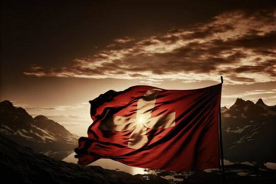  a swiss flag flying in the wind with mountains in the background at sunset with clouds in the sky and a sun peeking through the clouds. Generative AI