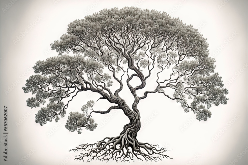 Poster a drawing of a tree with a lot of roots on it's branches and a white background with a gray backgrou