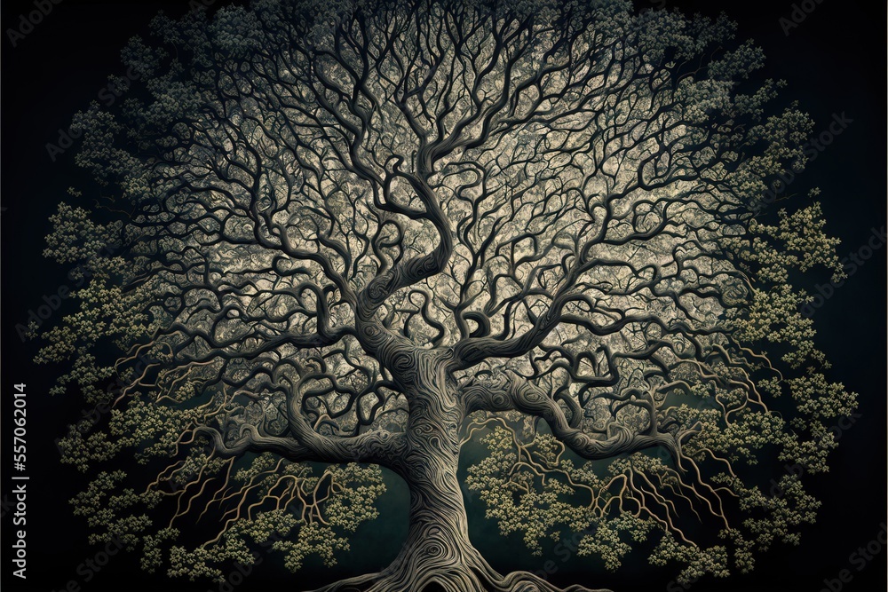 Poster a tree with a lot of branches and green leaves on it's branches. generative ai