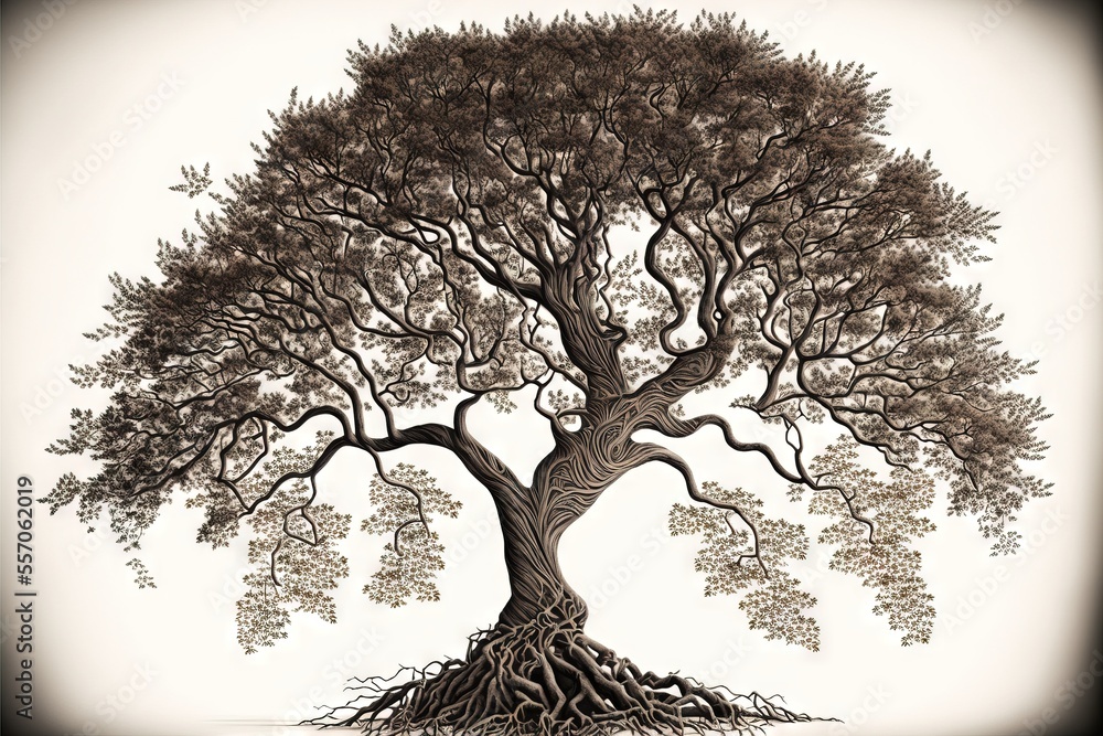 Poster a drawing of a tree with a lot of roots on it's sides and a large tree with lots of leaves on it's s