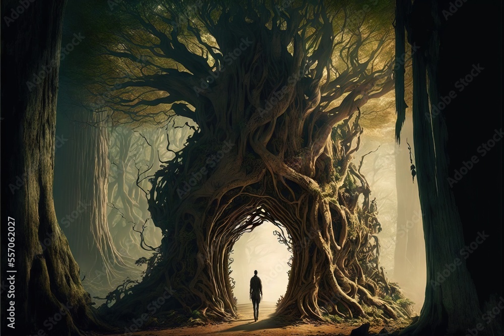 Poster a man walking through a forest with a giant tree tunnel in the middle of it's trunk and a man standi