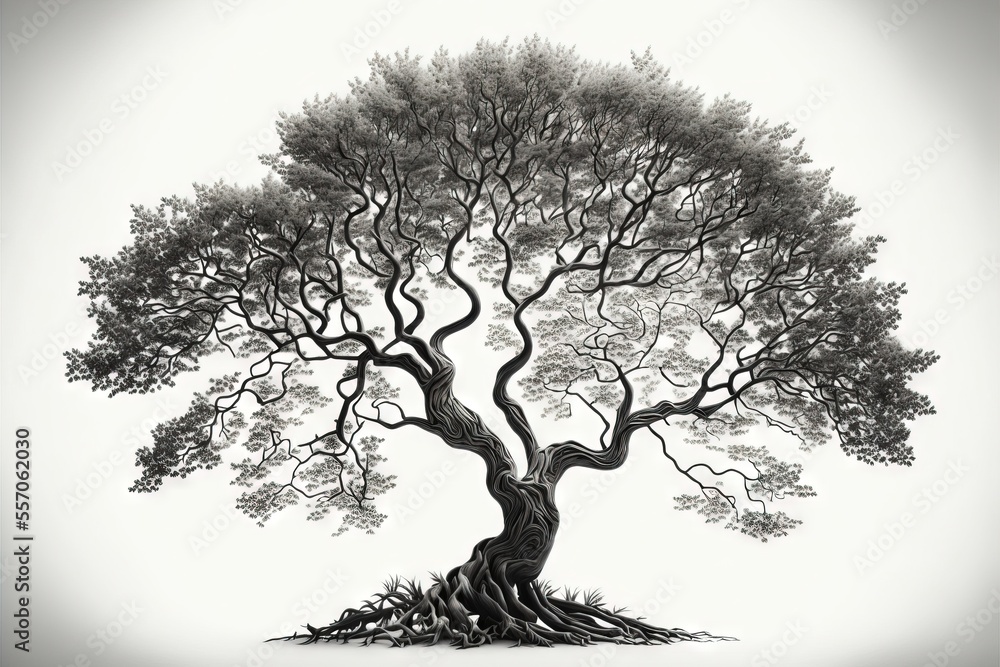 Poster a drawing of a tree with a white background and a black and white photo of the tree's branches. gene