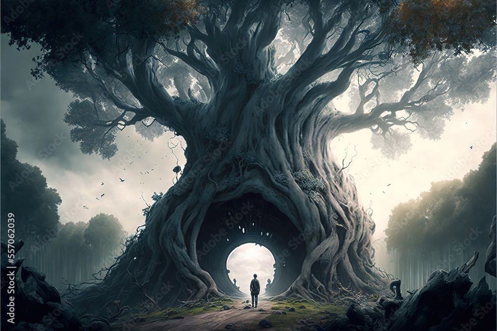 Poster a man standing in front of a giant tree with a man standing in the middle of it in a forest. generat