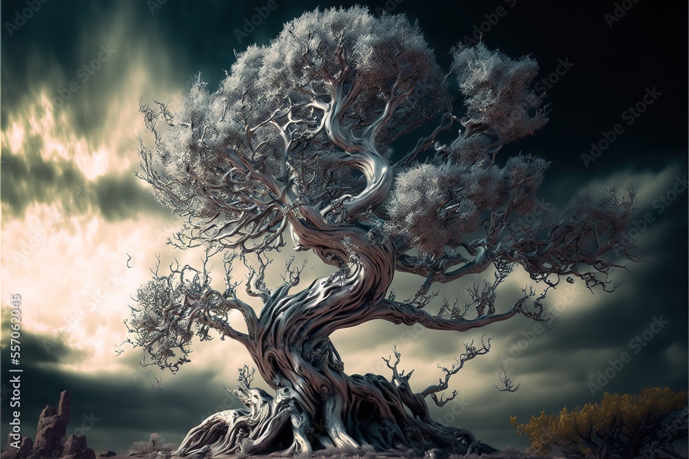 Poster a tree with a very large trunk and a very dark sky in the background with clouds and a full moon. ge