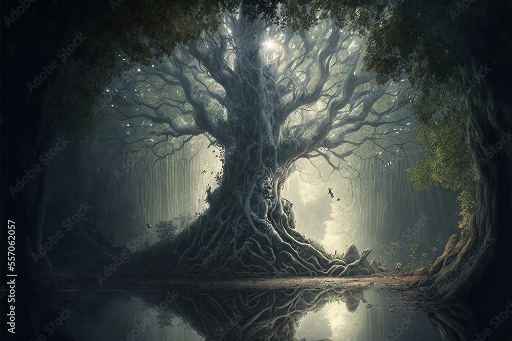 Poster a tree with a reflection in the water in a forest with a light shining through the trees and a bird 