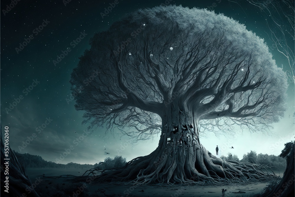 Poster a tree with a man standing on it's trunk in the middle of a field at night with stars in the sky. ge