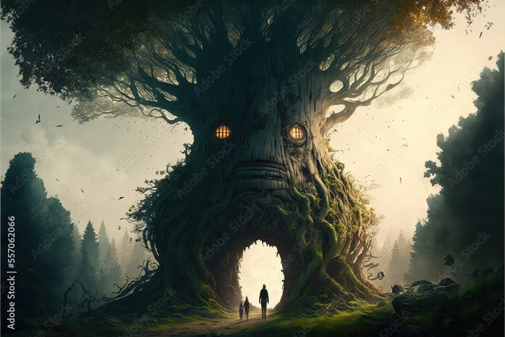 Poster a man and a woman standing in front of a tree with a face on it's trunk and eyes glowing. generative