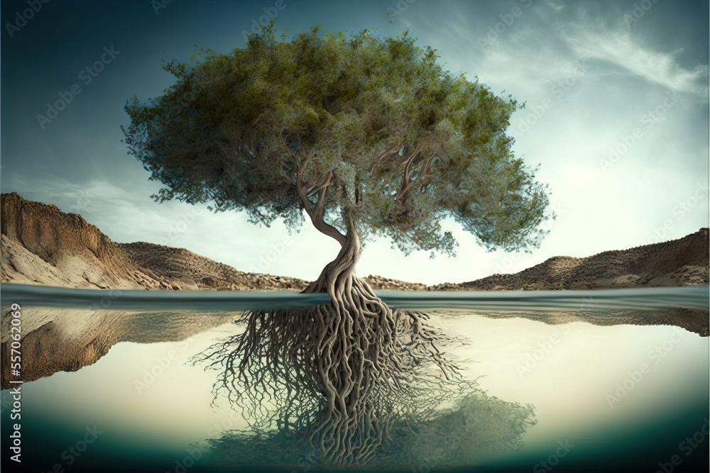 Poster a tree with its roots in the water and a sky background with clouds above it and a mountain range in