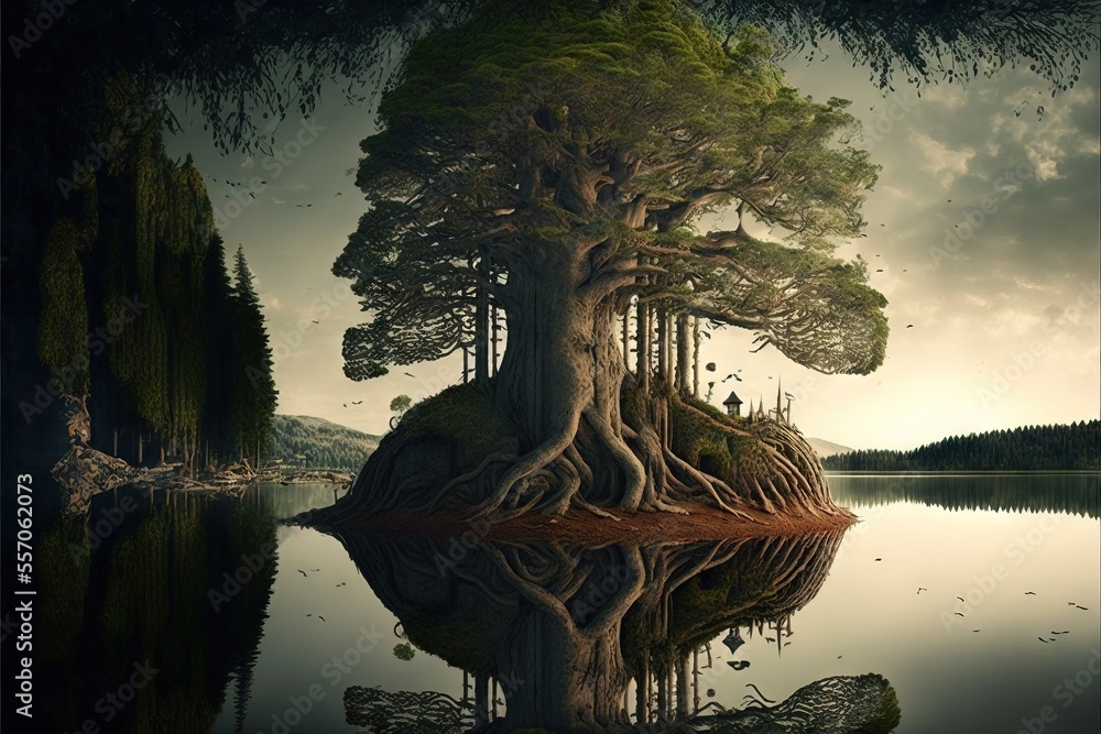 Poster a tree with a large root on a small island in the middle of a lake with a forest in the background. 