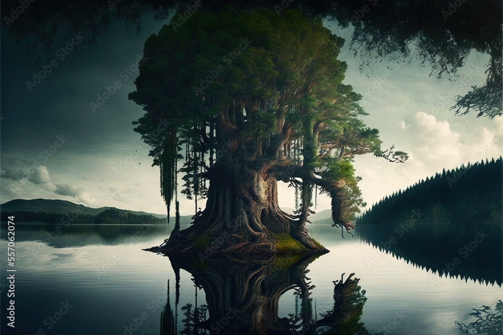 Poster a tree that is sitting in the water near a lake with a reflection of it in the water and a cloudy sk