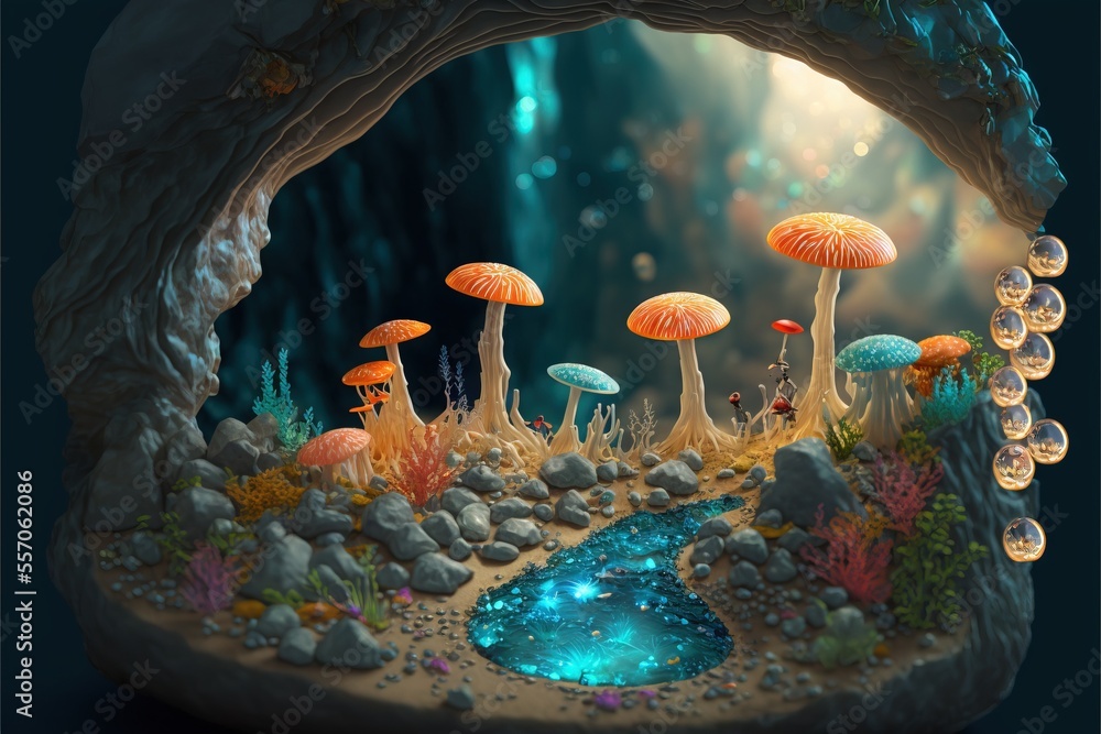 Aufkleber a group of mushrooms that are in a cave with water and rocks in it. generative ai