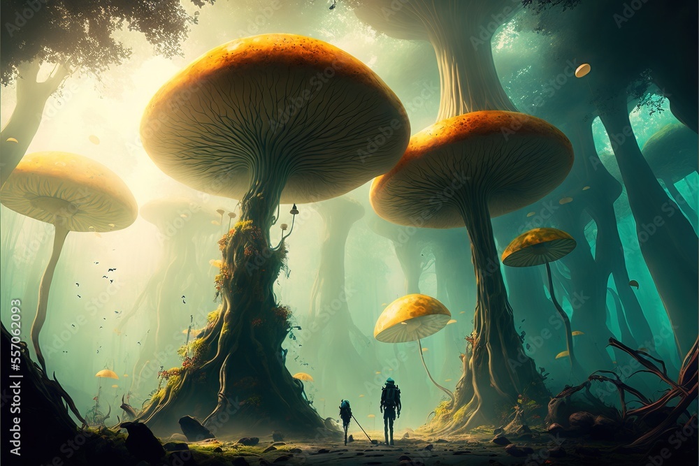 Poster a man standing in a forest with lots of mushrooms on the ground and trees in the background. generat