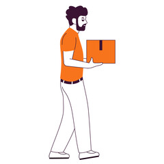 Man holding a package box.Delivery man.A postman with a box.Outline vector illustration.Isolated on white background.