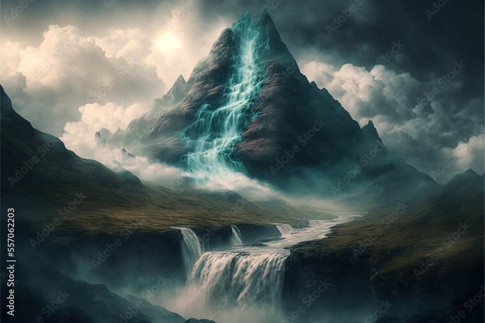 Poster a mountain with a waterfall in the middle of it and a stream running through it in the middle of the