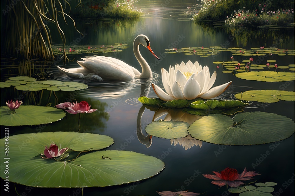 Poster a painting of a swan and lily pads in a pond with lily pads in the foreground and a sunbeam in the b
