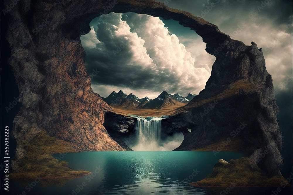 Poster a painting of a waterfall in a cave with a lake below it and a sky filled with clouds above. generat