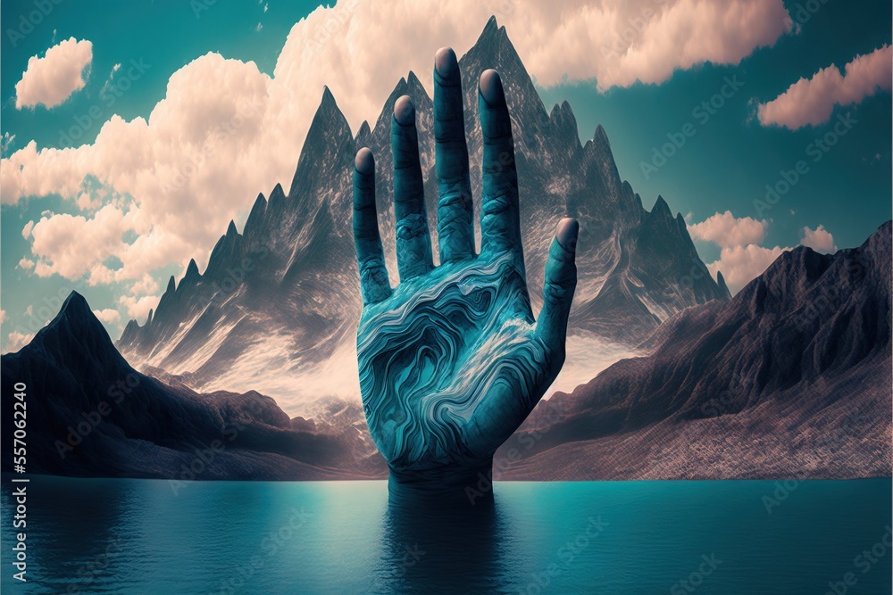 Poster a hand with a painting of a mountain range in the background with a lake in the foreground and a mou