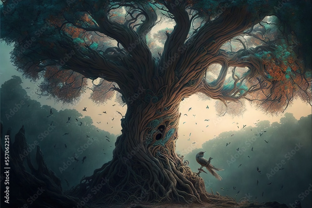 Aufkleber a painting of a tree with a bird perched on it's branch and a bird sitting on the branch. generative