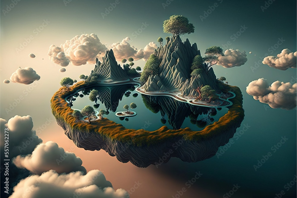 Poster a floating island with a lake and mountains in the middle of it. generative ai