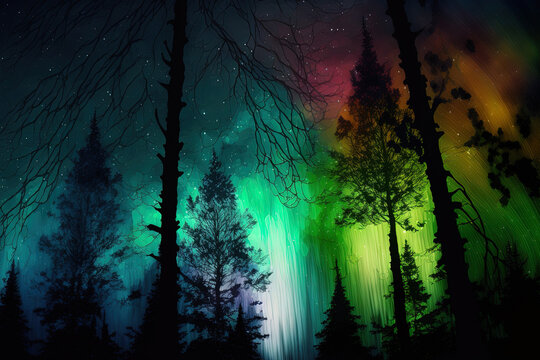 abstract image of the woodland with northern lights. Generative AI