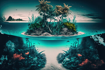 Amazing tropical nature wallpaper with white beach, a coral reef, a paradise island, and palm trees. Generative AI