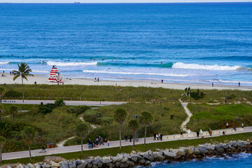 Beautiful aerial panoramic view of the city of Miami, its buildings, marina, yachts and luxurious suburbs houses