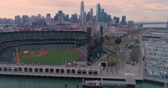 Aerial: The San Francisco City Skyline & the Oracle baseball park