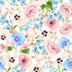 Seamless pattern with pink, white, and blue pansy flowers, lisianthus flowers, bluebells, and forget-me-not flowers on a white background. Vector illustration