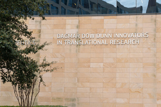 Houston, TX,  USA - March 9, 2022: The sign of Dagmar Dow Dunn Innovators in Translational Research on the building at Texas Medical Center in Houston. 