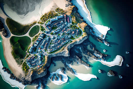 Aerial image of the south west resort town of Lapurdi, France's Biarritz Beach. Generative AI