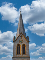 Upper tower of the collegiate church taken frontally on a beautiful day