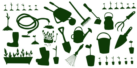Silhouettes of garden tools and saplings. Wheelbarrow, home garden, agricultural work, gardening. Simple garden equipment. Hand drawn illustration. © Alena