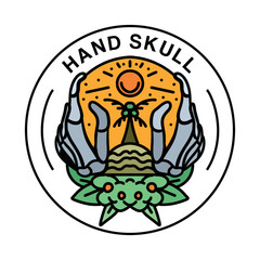 Premium Monoline Skull Beach Logo Design Vintage Emblem Vector illustration Palm Badge Symbol Icon