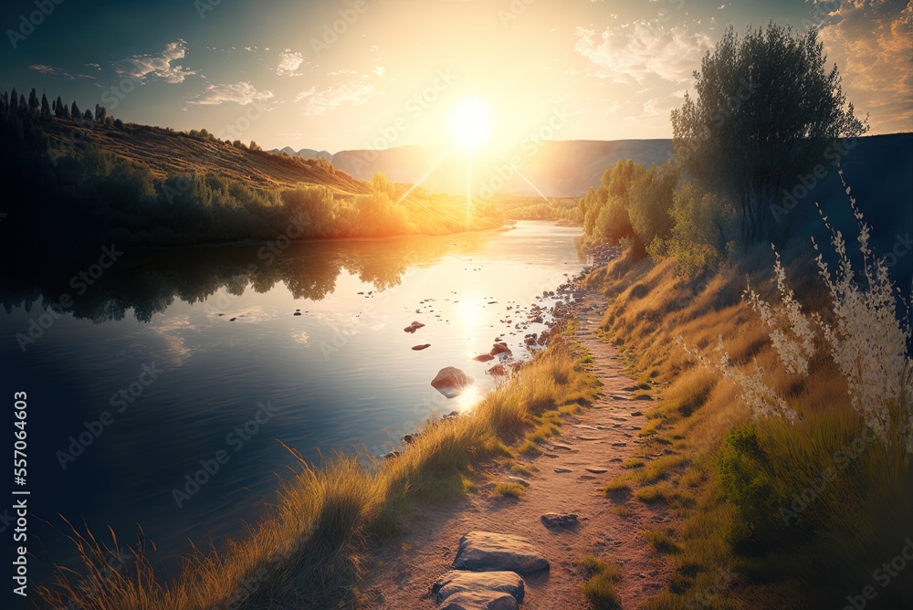 Poster radiant sunlight on riverside walkway generative ai
